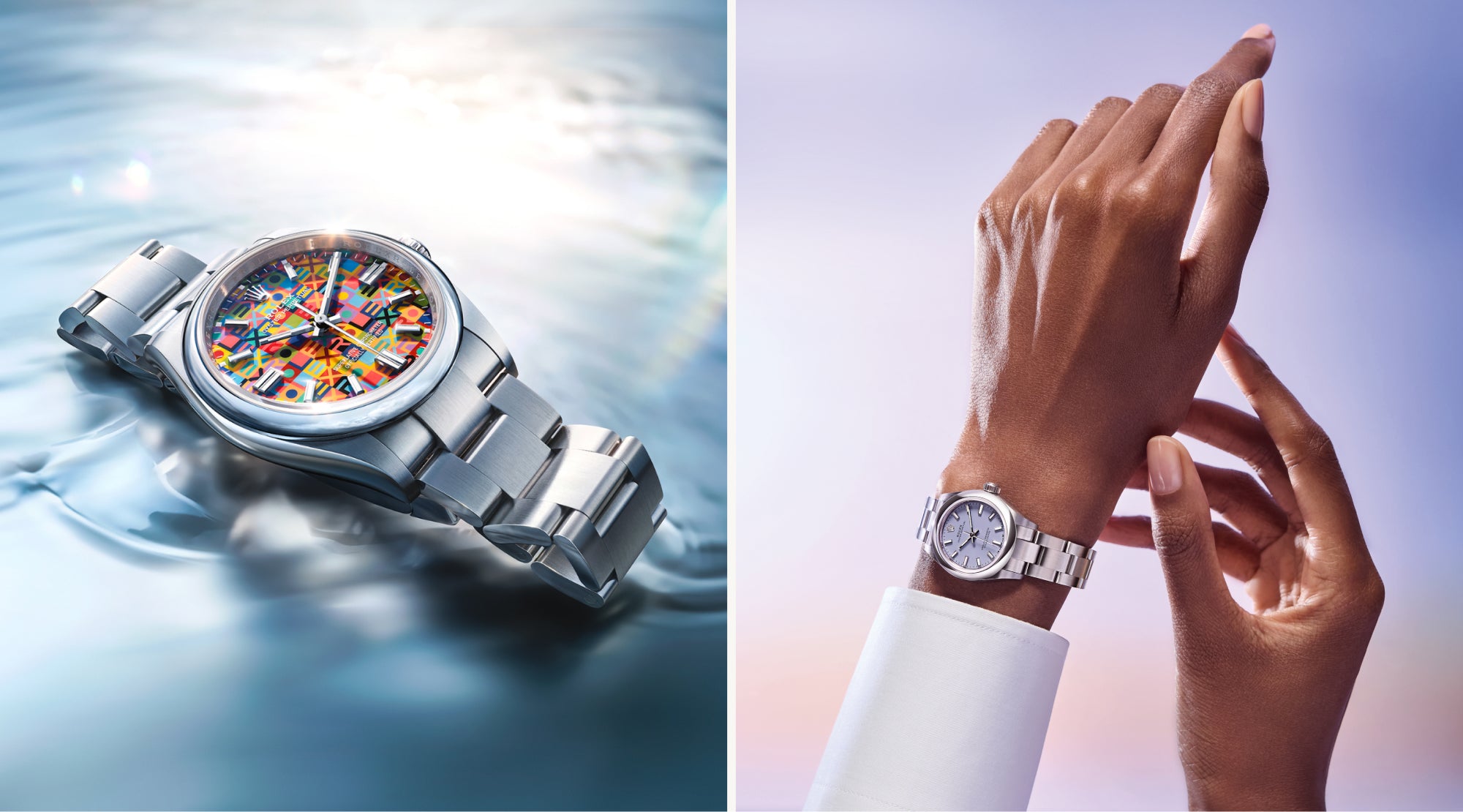 Two Rolex Oyster Perpetual watches with different designs and colours displayed against scenic backgrounds.