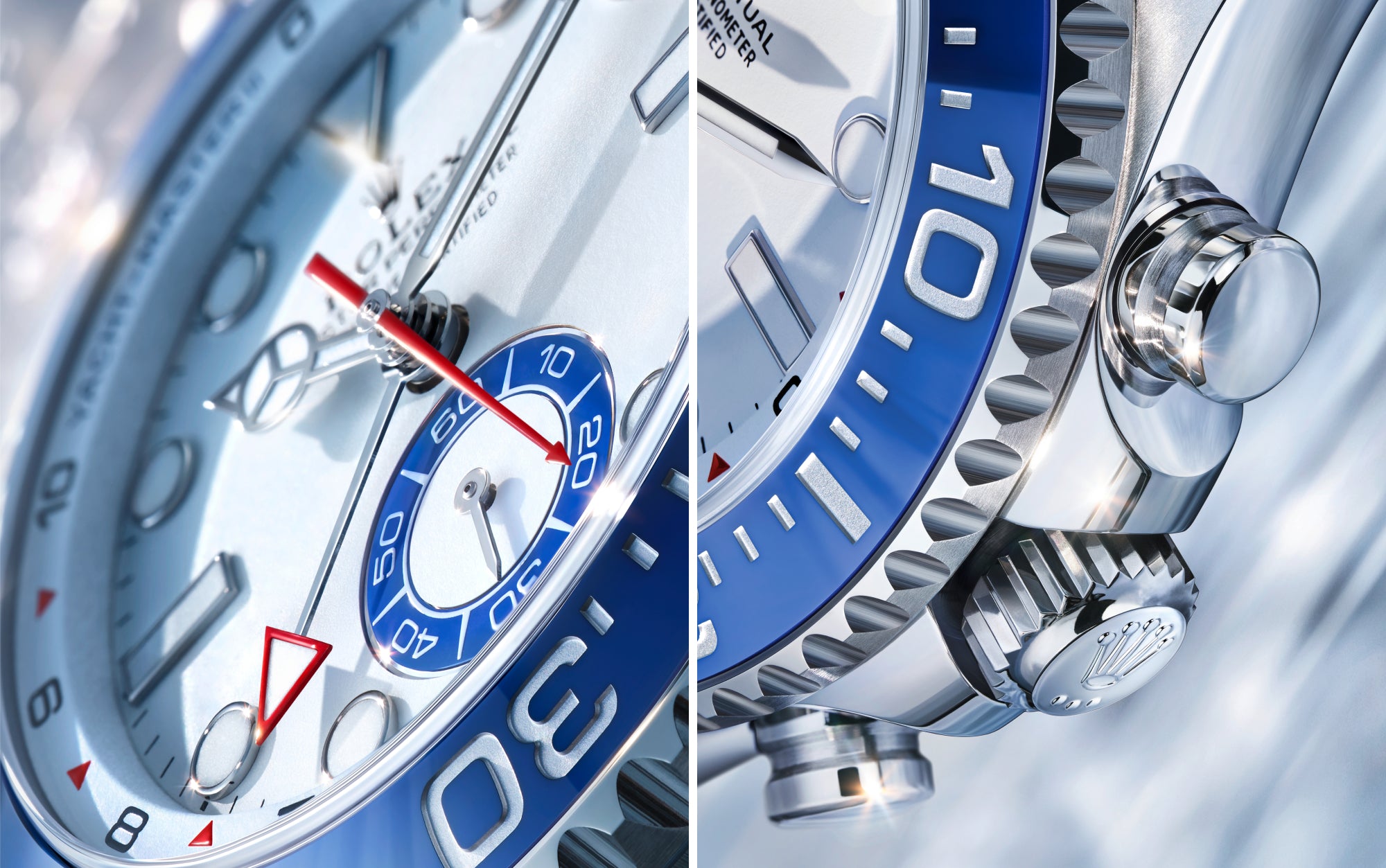 Rolex Yacht-Master II with a blue bezel and white dial on a reflective background.