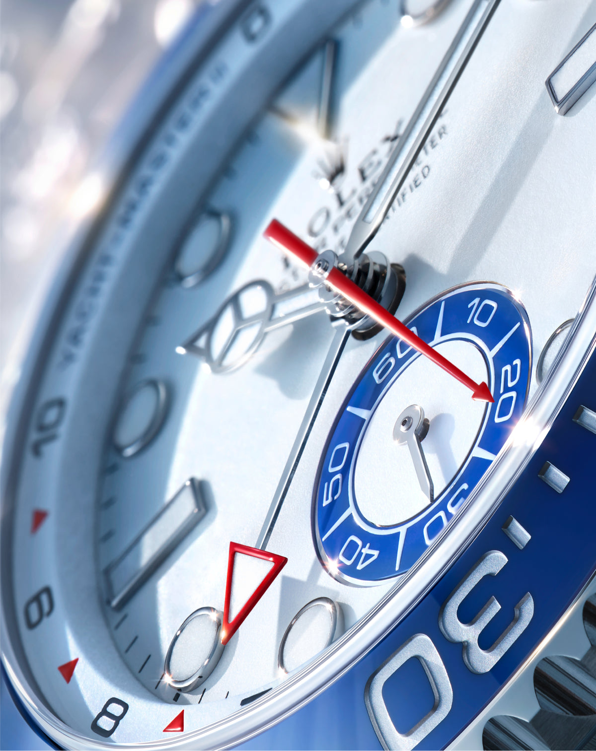 Close-up of a white Rolex Yacht-Master II dial.
