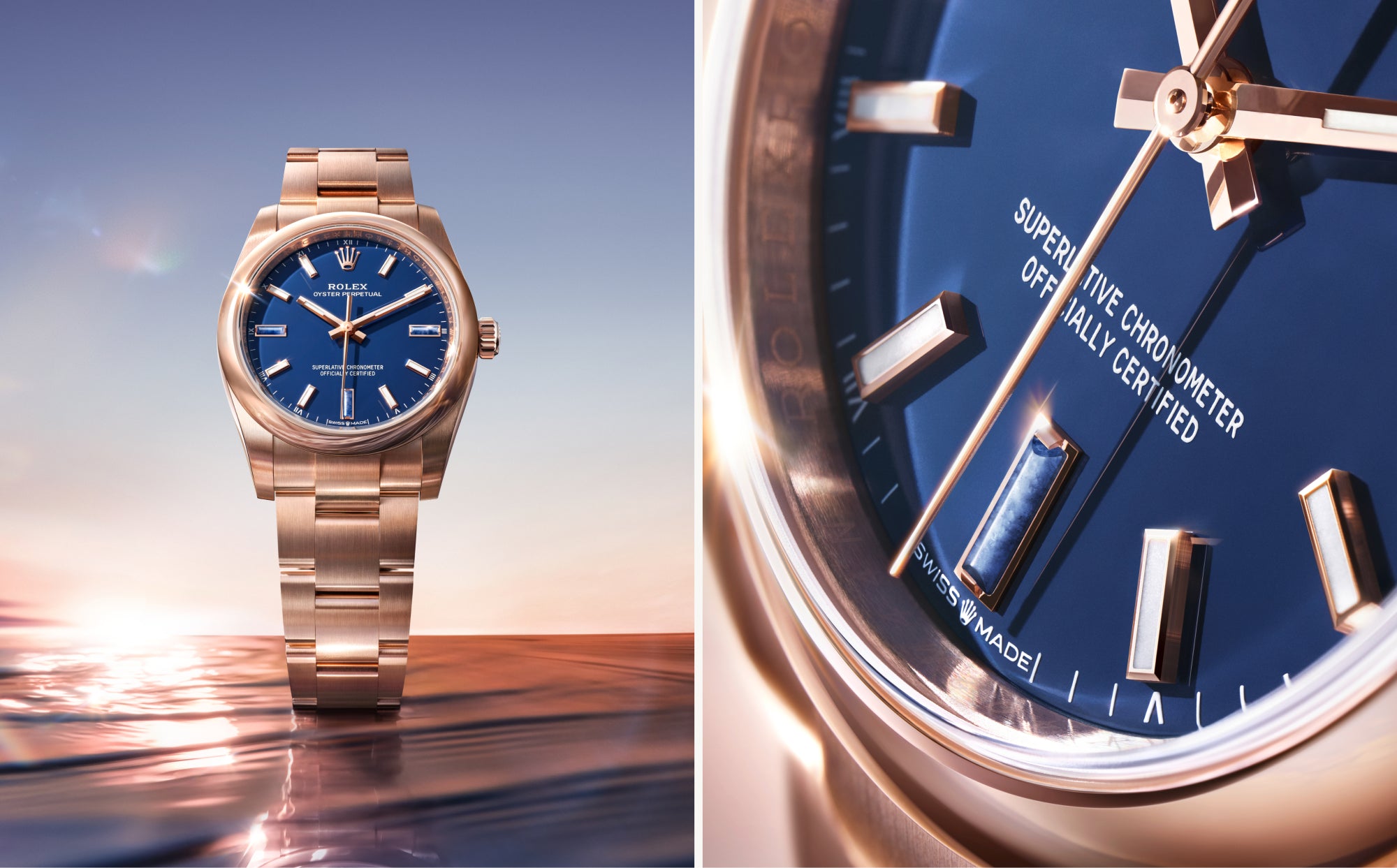 Rolex Oyster Perpetual 28 watch with a rose gold bracelet and blue dial on a reflective background, with close-up of dial on the right.
