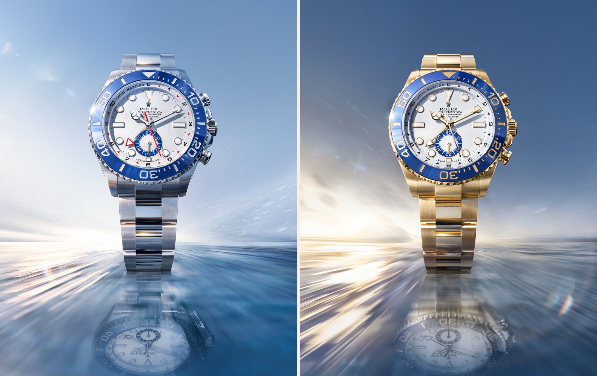 Rolex Yacht-Master II watches, one with a steel bracelet and one with a gold bracelet, on a reflective background.