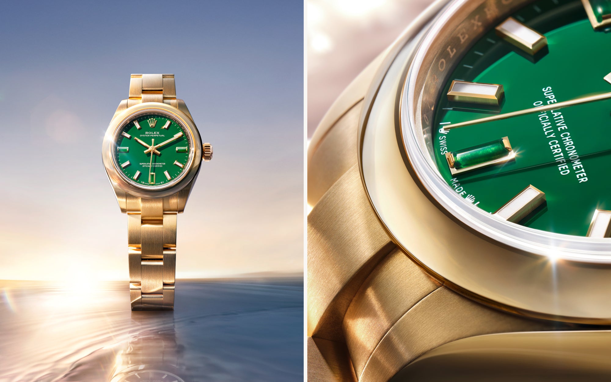Rolex Oyster Perpetual 28 watch with a yellow gold bracelet and green dial on a reflective background, with close-up of dial to the right.