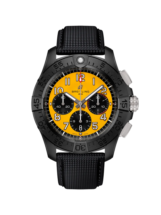 Breitling Avenger B01 Chronograph 44 Night Mission with Black Leather Strap & Yellow Dial