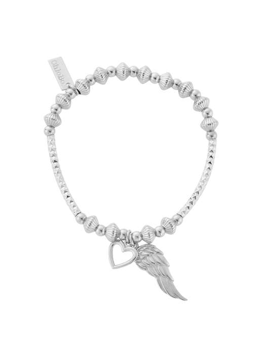 ChloBo Pattern Noodle Disc Heart and Angel Wing Bracelet in Silver
