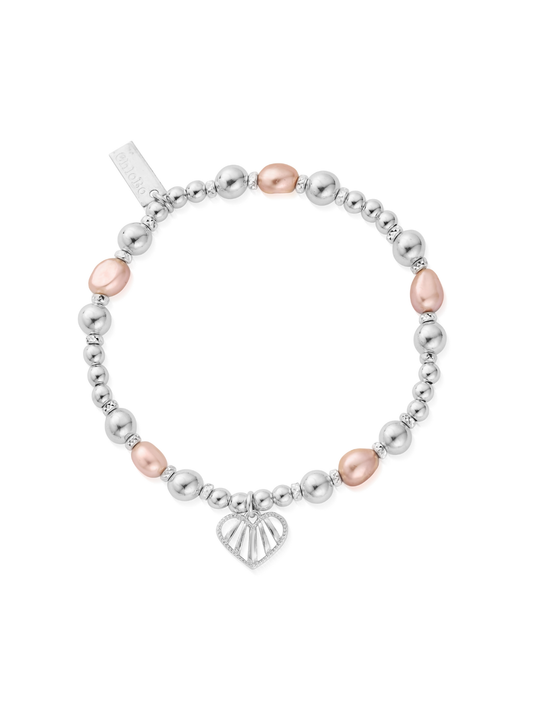 ChloBo Loving Heart Pink Pearl Bracelet in Silver