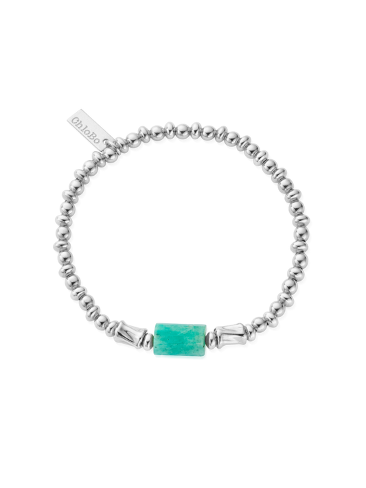 Silver beaded bracelet with amazonite centre stone and ChloBo tag on a white background.