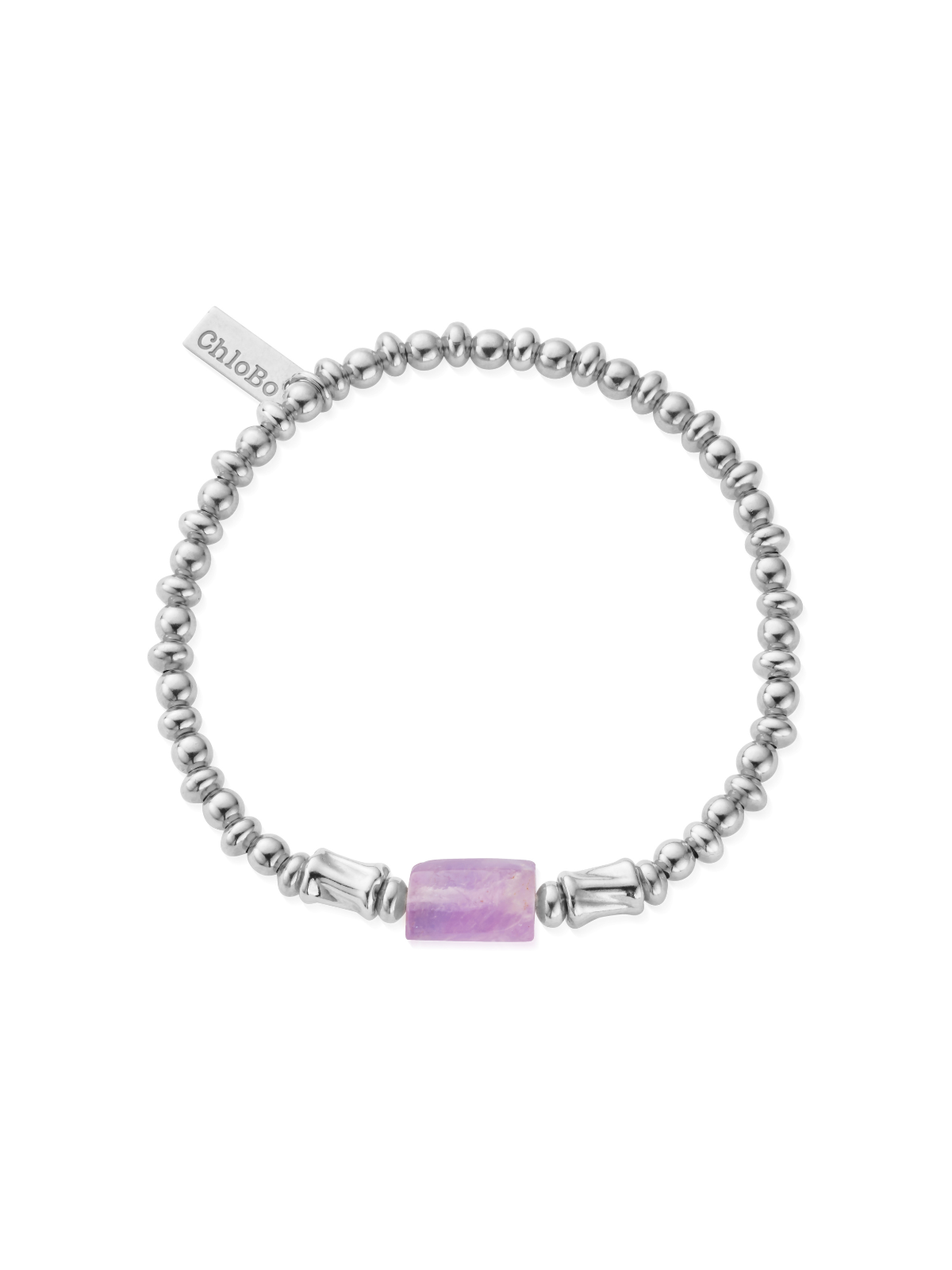 Silver beaded bracelet with amethyst centre stone and ChloBo tag on a white background.