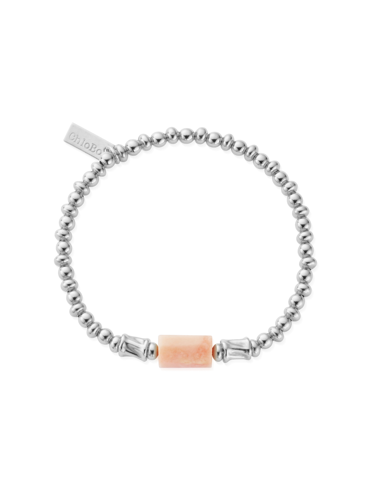 Silver beaded bracelet with pink opal stone and ChloBo tag on a white background.