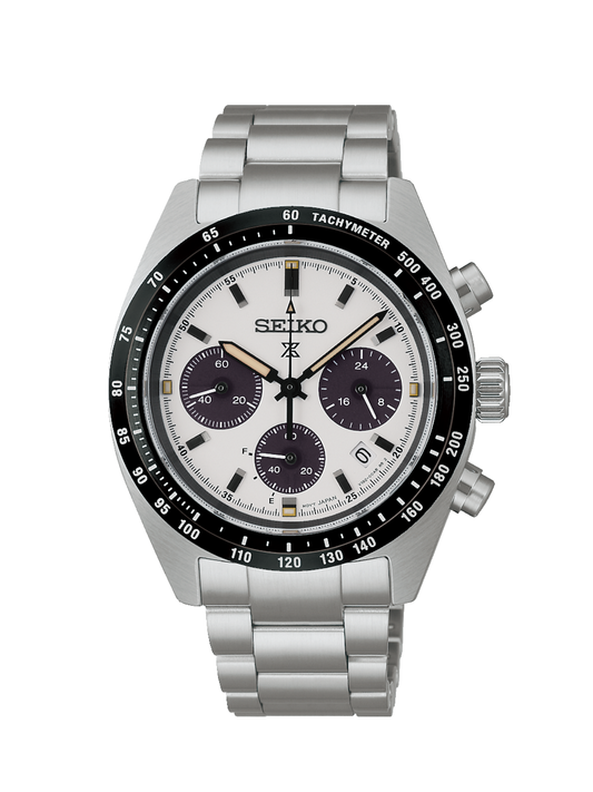 Seiko Prospex Speedtimer 'Monochrome' with 39mm case with steel bracelet & white dial on a white background.