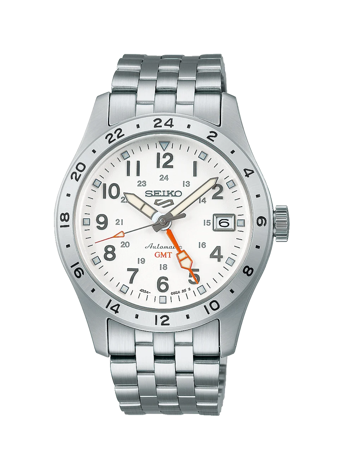Seiko 5 Sports “Overwhite” Field GMT watch with white dial, steel case, and steel bracelet on a white background.
