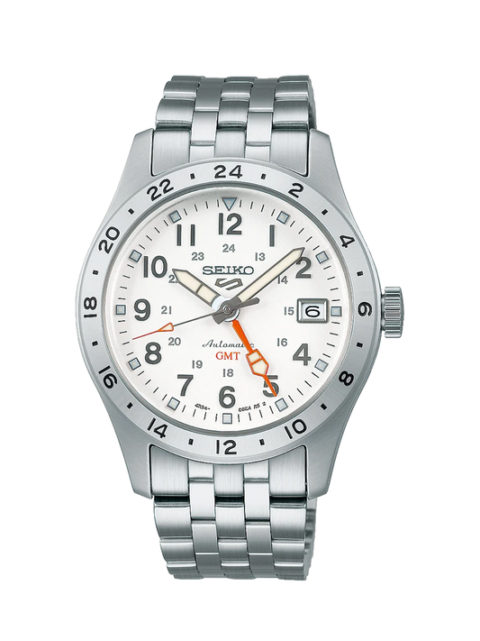 Seiko 5 Sports “Overwhite” Field GMT watch with white dial, steel case, and steel bracelet on a white background.