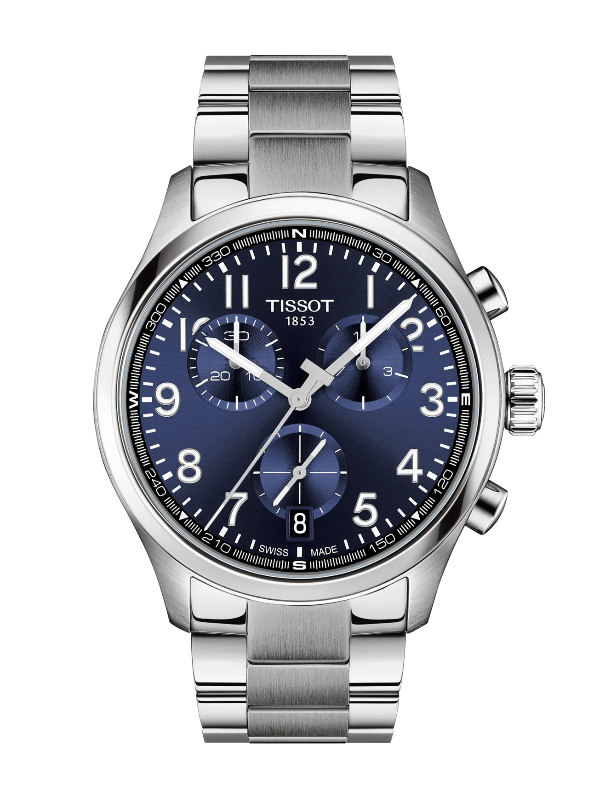 Tissot Chrono L watch with a steel bracelet and blue dial, on a white background.