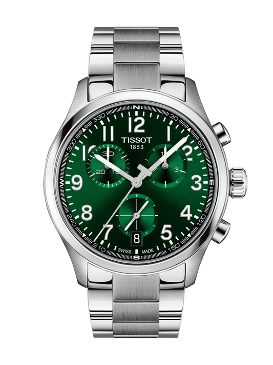 Tissot Chrono L watch with steel bracelet and green dial on a white background.