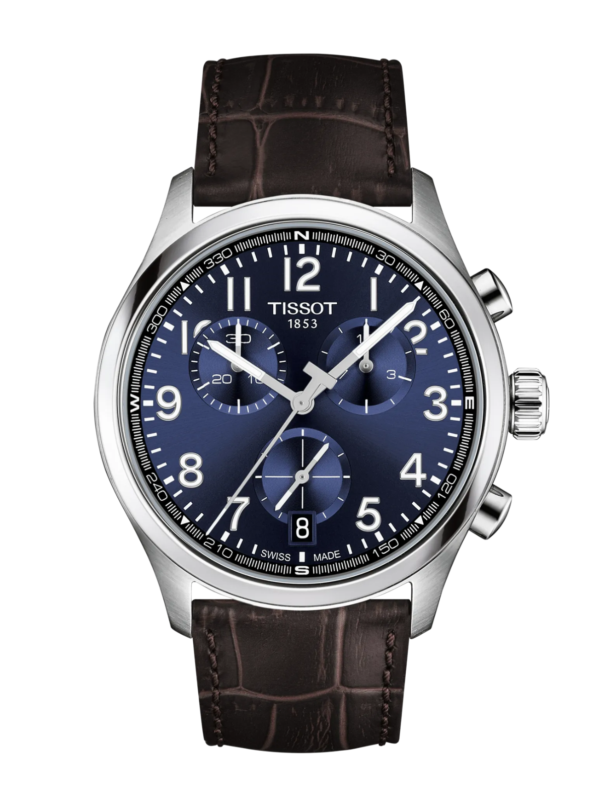 Tissot Chrono L watch with a brown leather strap and blue dial on a white background.