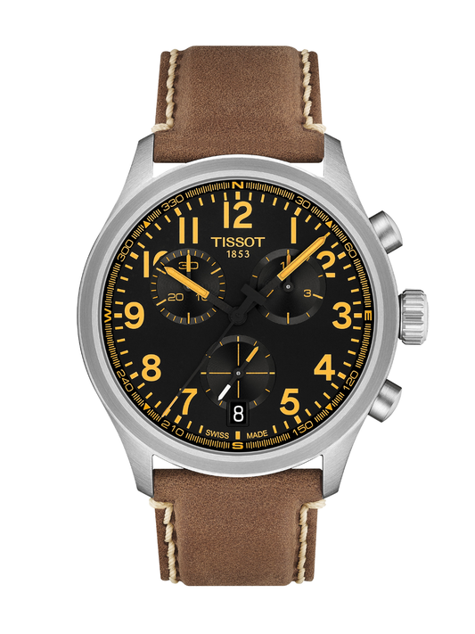 Tissot Chrono L with brown leather strap & black dial on a white background.