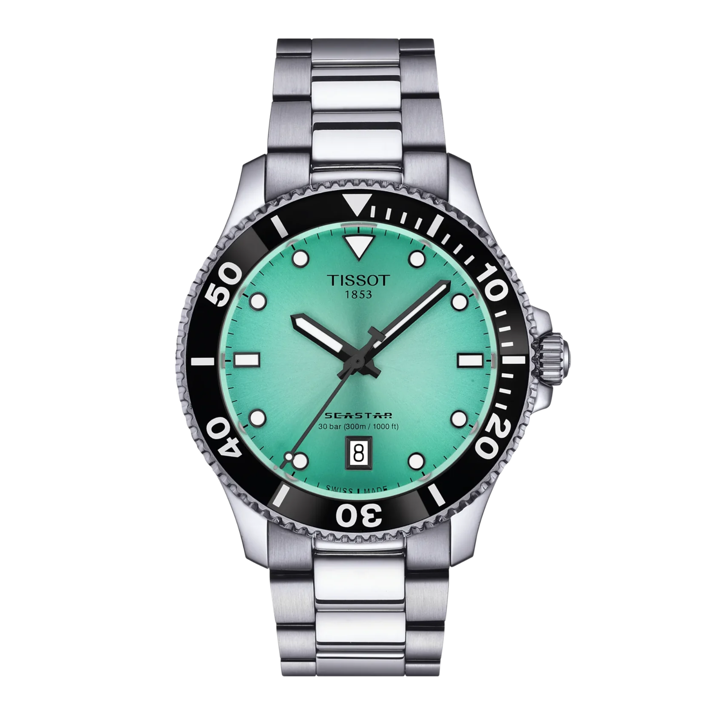 Tissot Seastar 1000 with steel bracelet and turquoise dial on a white background.