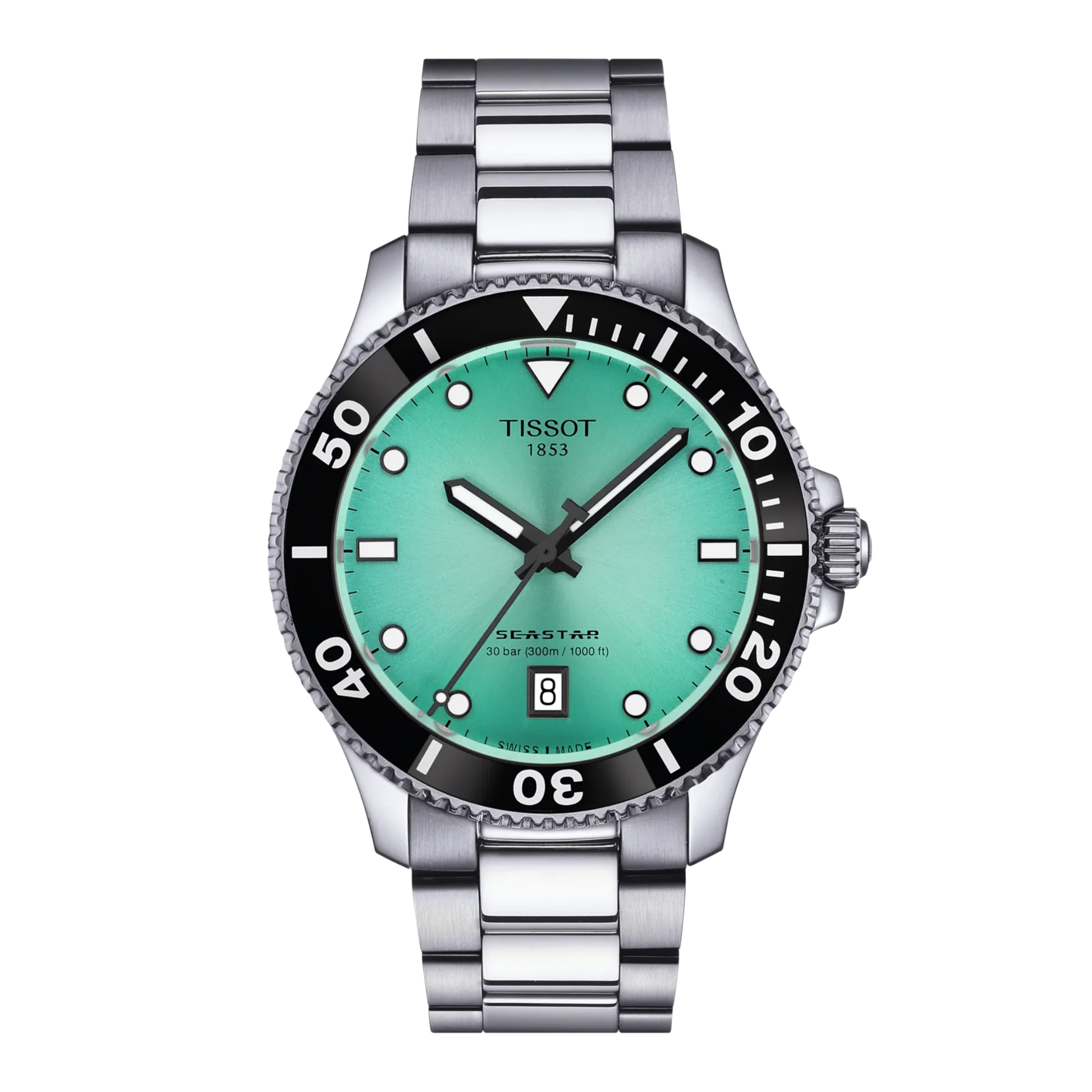 Tissot Seastar 1000 with steel bracelet and turquoise dial on a white background.