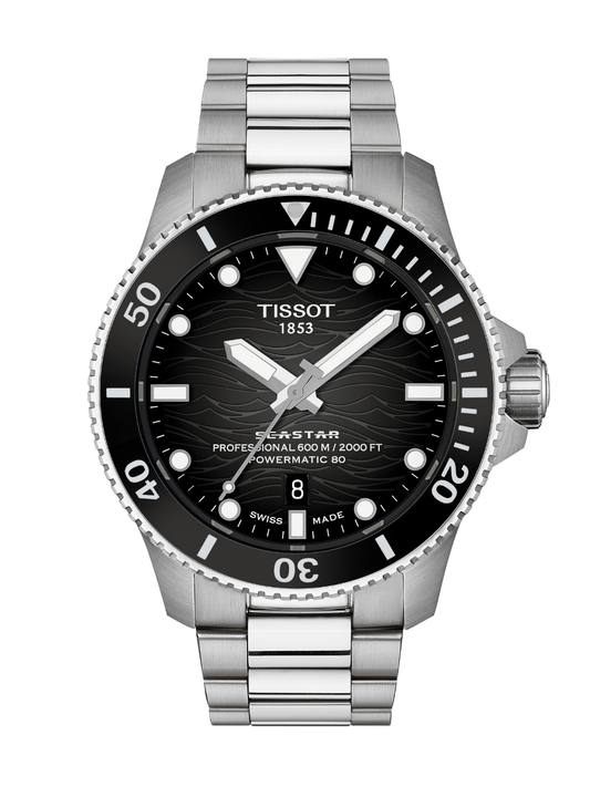 Tissot Seastar 2000 Professional with 44mm case, steel bracelet & black dial on a white background.