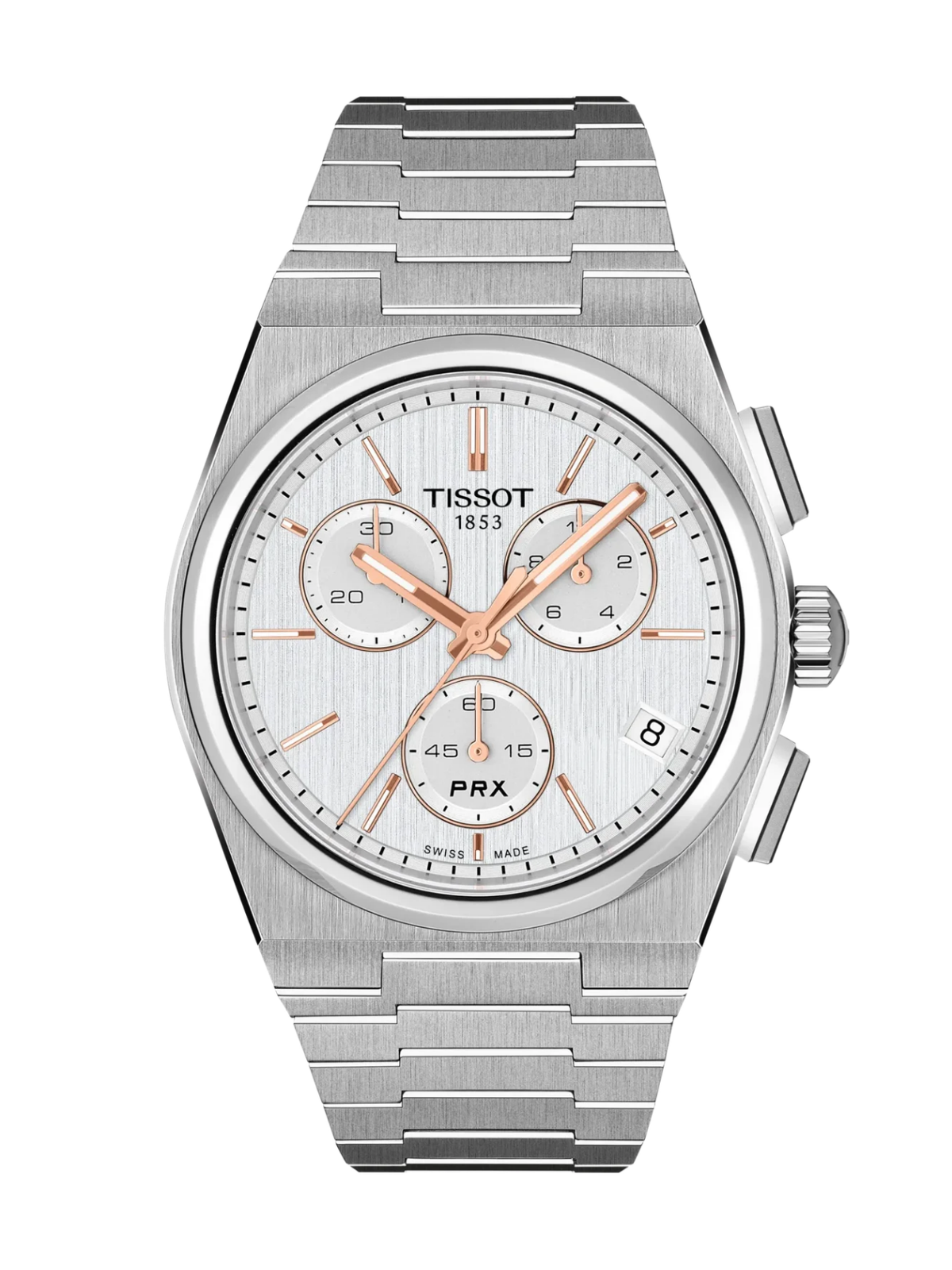 Tissot PRX Chronograph with 41mm case, steel bracelet & silver dial on a white background.