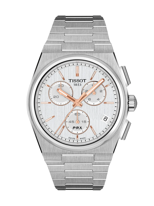 Tissot PRX Chronograph with 41mm case, steel bracelet & silver dial on a white background.