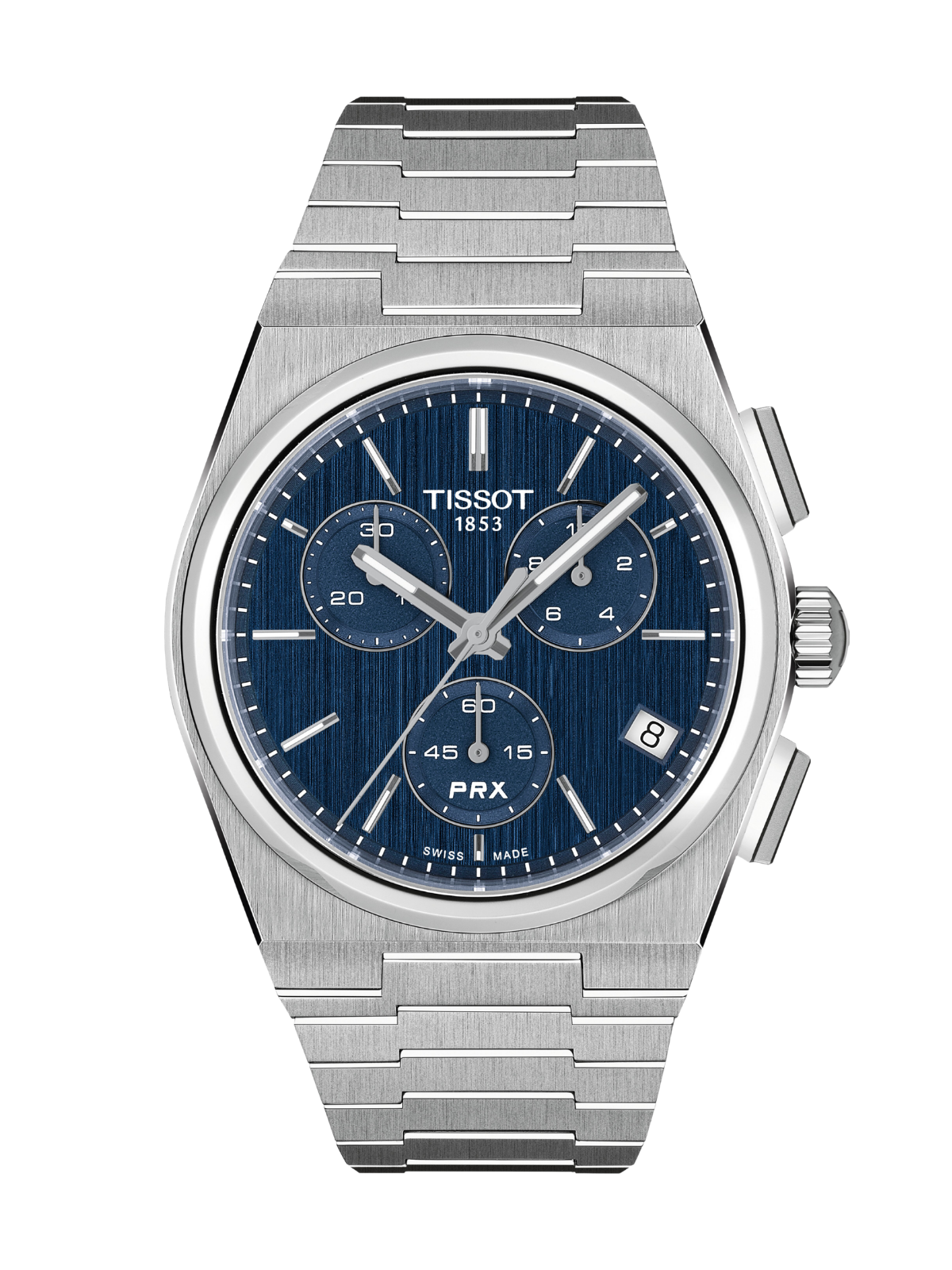 Tissot PRX Chronograph with 41mm case, steel bracelet & blue dial on a white background.
