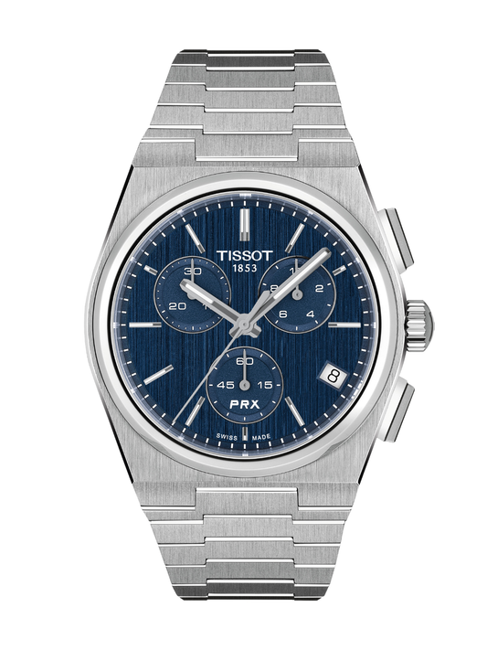 Tissot PRX Chronograph with 41mm case, steel bracelet & blue dial on a white background.