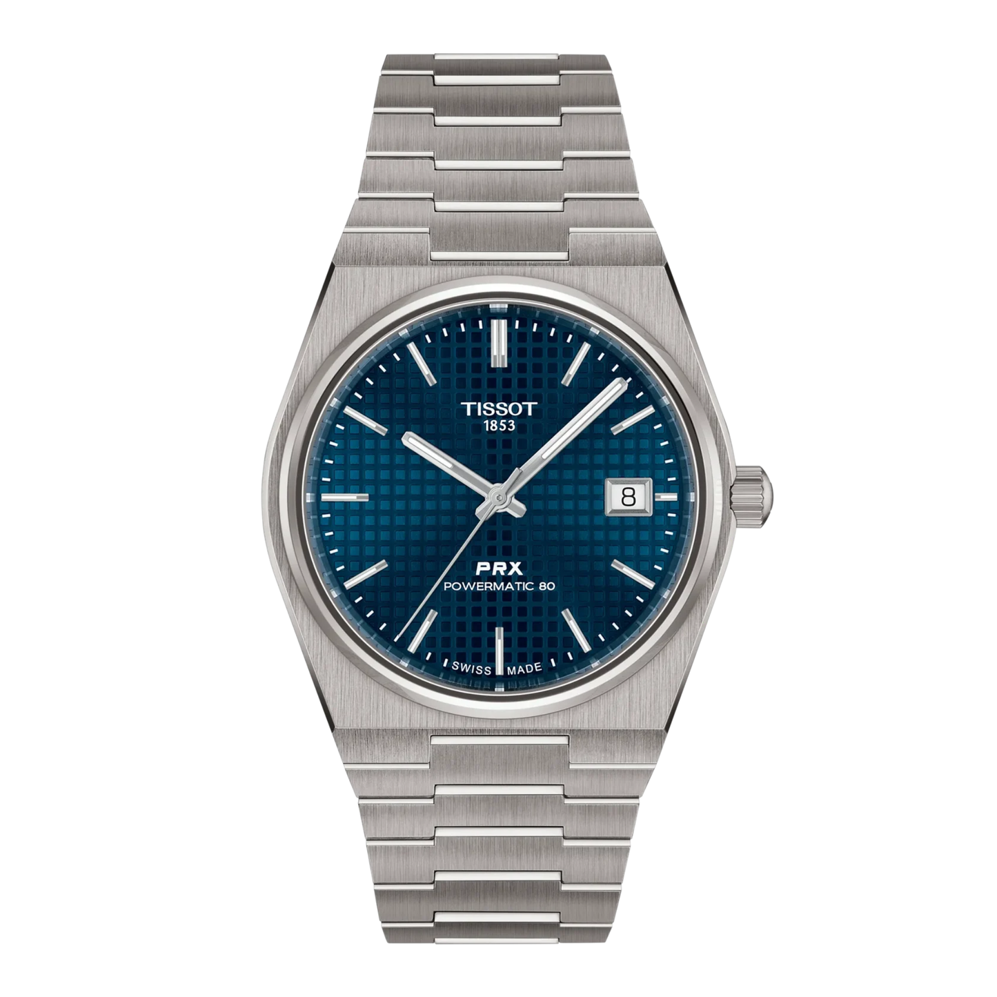 Tissot PRX Titanium with titanium bracelet and blue dial on a white background.