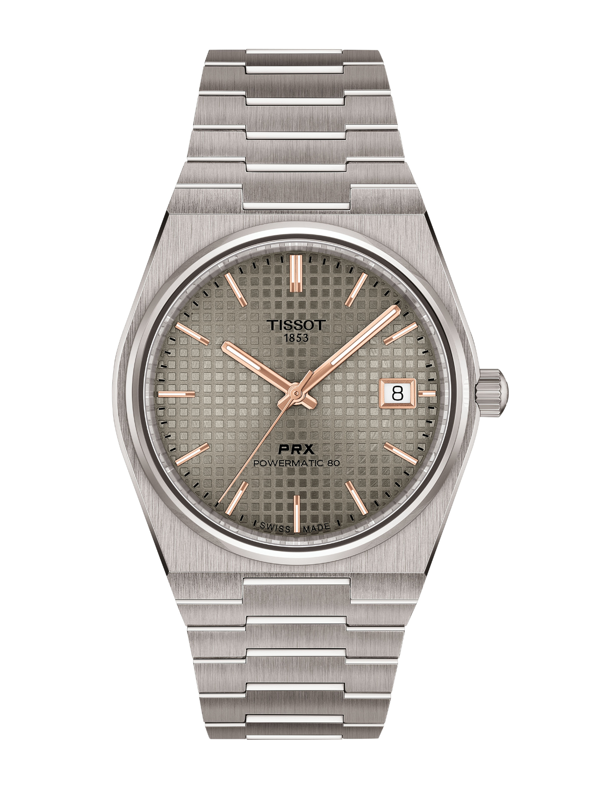 Tissot PRX watch with a metal bracelet and grey dial on a white background.