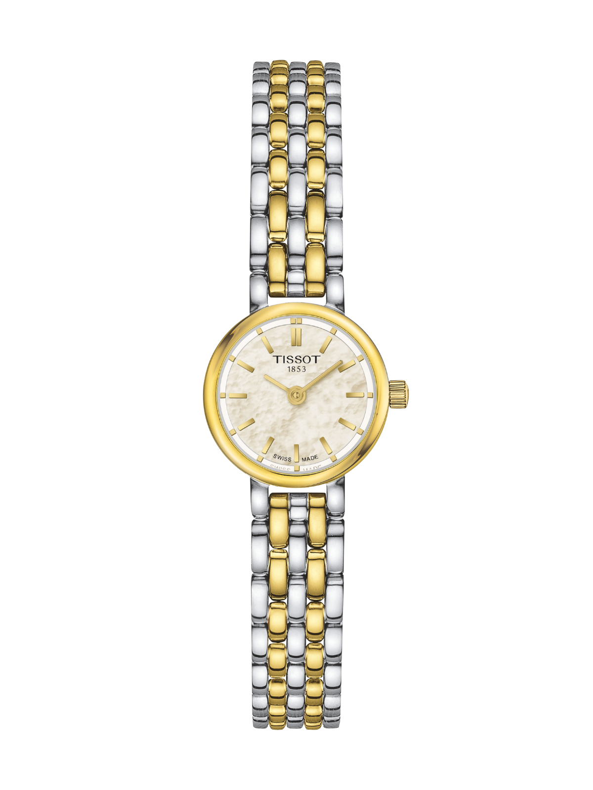 Tissot Lovely with 19.5mm case, steel & yellow gold PVD bracelet and mother of pearl dial on a white background.