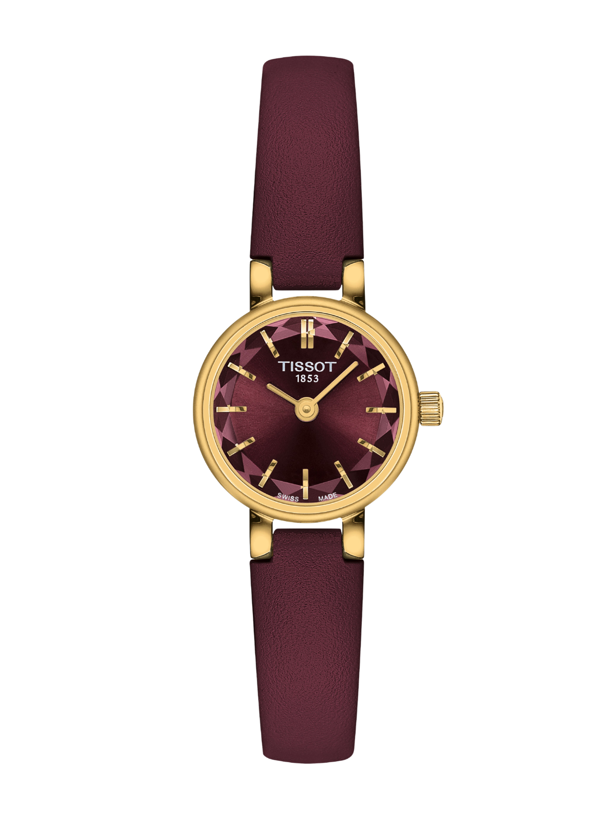 Tissot Lovely watch with a yellow gold-tone case, burgundy leather strap and dial on a white background.