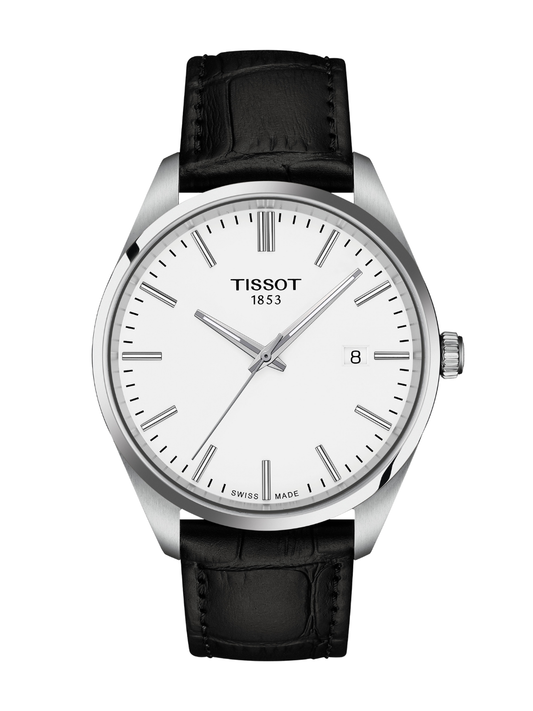 Tissot PR 100 steel watch with a black strap and white dial on a white background.