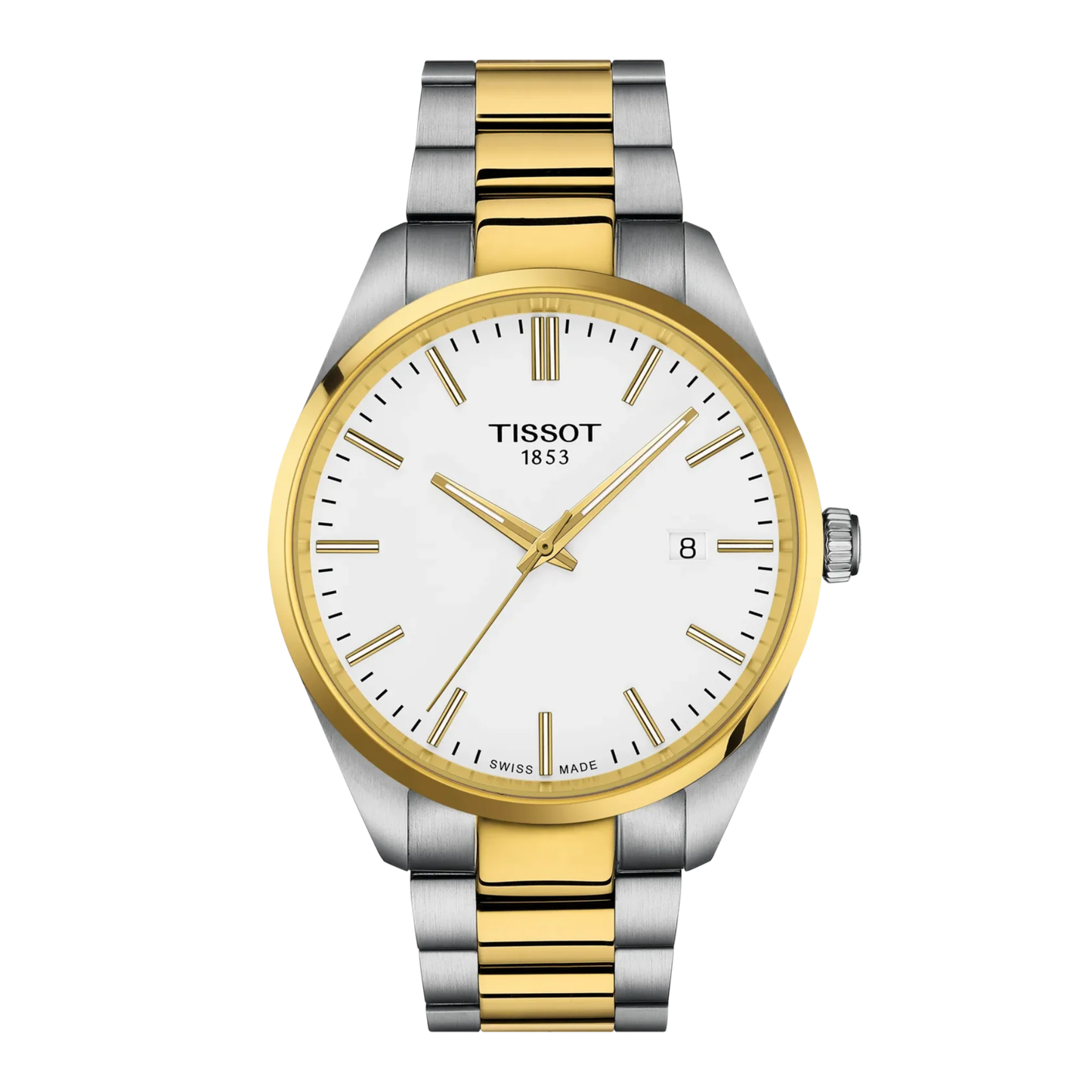 Tissot PR 100 with steel & yellow gold PVD coated bracelet and white dial on a white background.