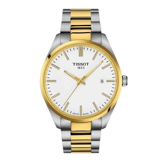 Tissot PR 100 with steel & yellow gold PVD coated bracelet and white dial on a white background.