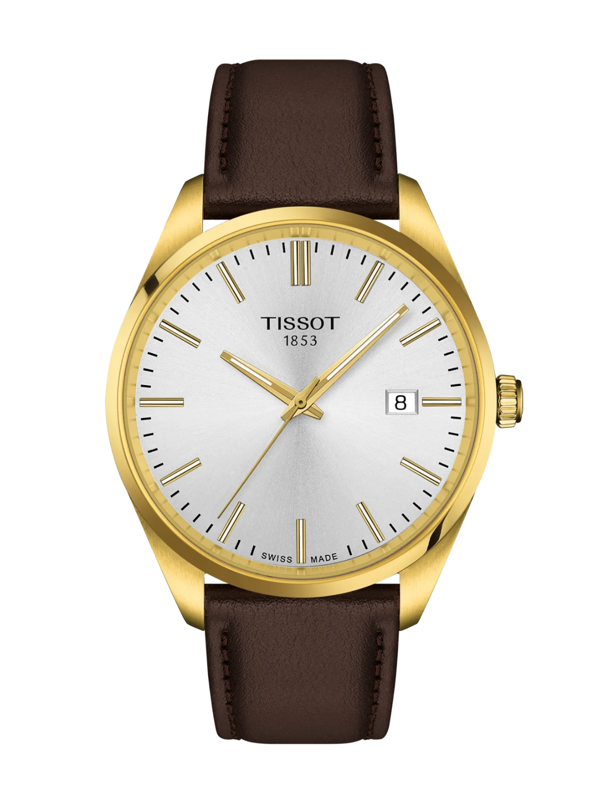Tissot PR 100 with 40mm yellow gold PVD case, brown leather strap & silver dial on a white background.