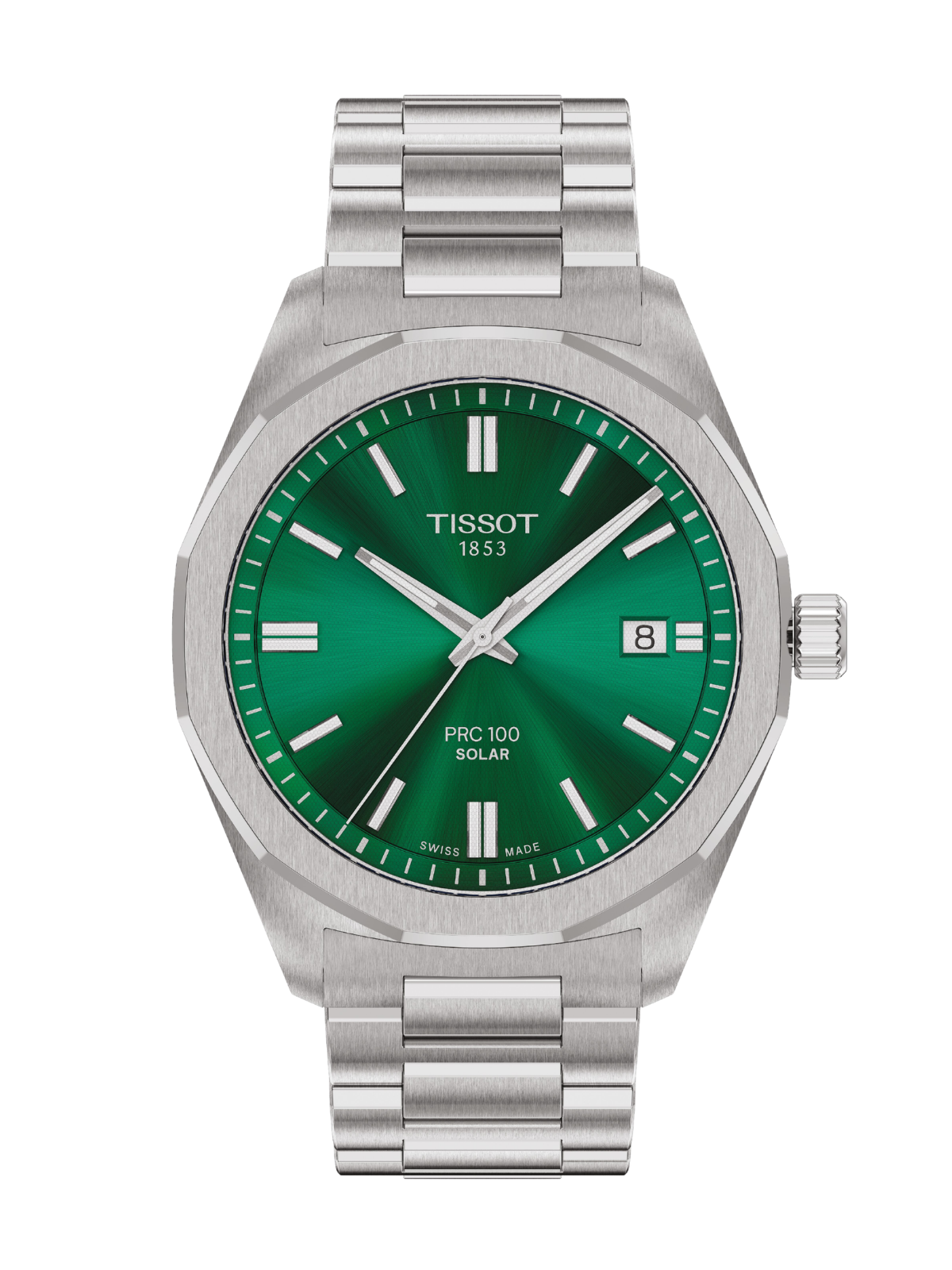 Tissot PRC 100 Solar with 39mm case, steel bracelet & green dial on a white background.