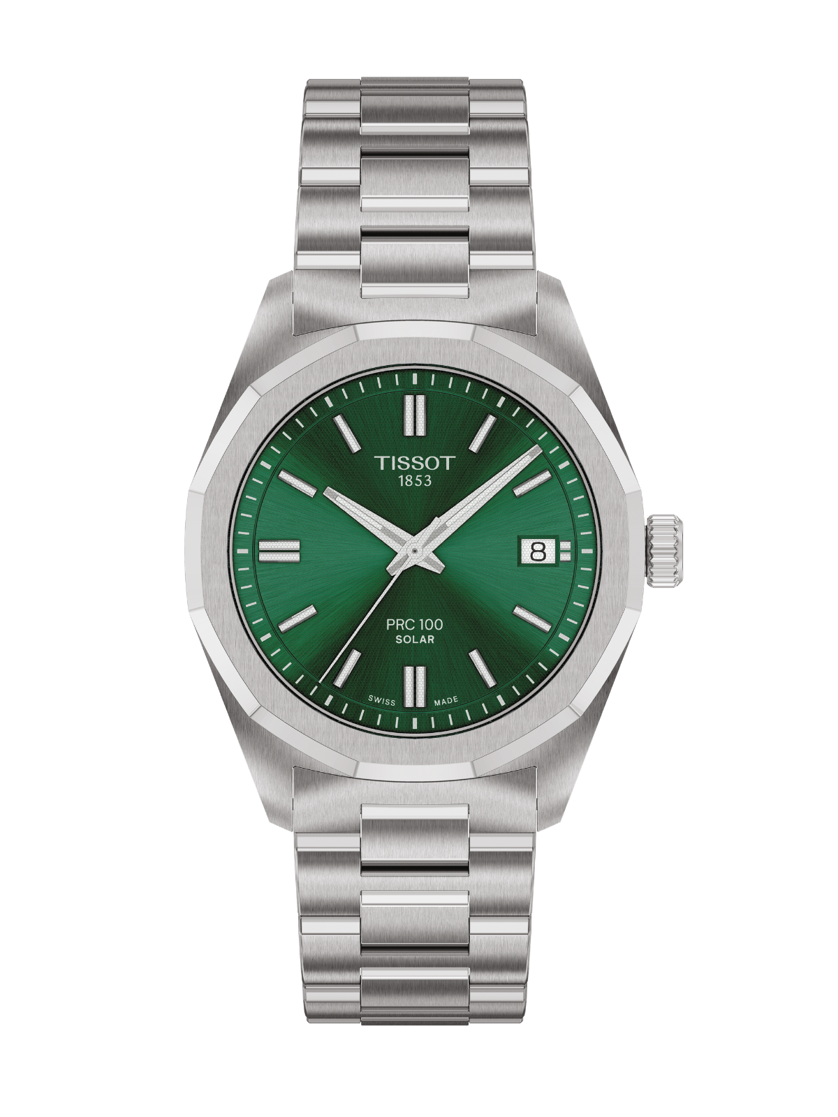 Tissot PRC 100 Solar 34mm with steel bracelet and green dial on a white background.