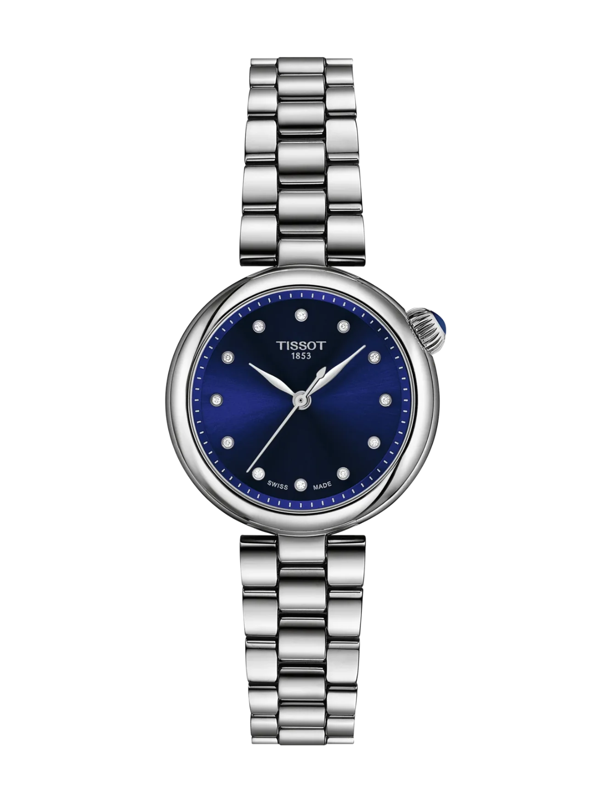 Tissot Desir with 28mm case, steel bracelet & blue, diamond-set dial on a white background.