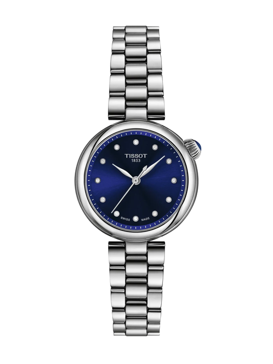 Tissot Desir with 28mm case, steel bracelet & blue, diamond-set dial on a white background.