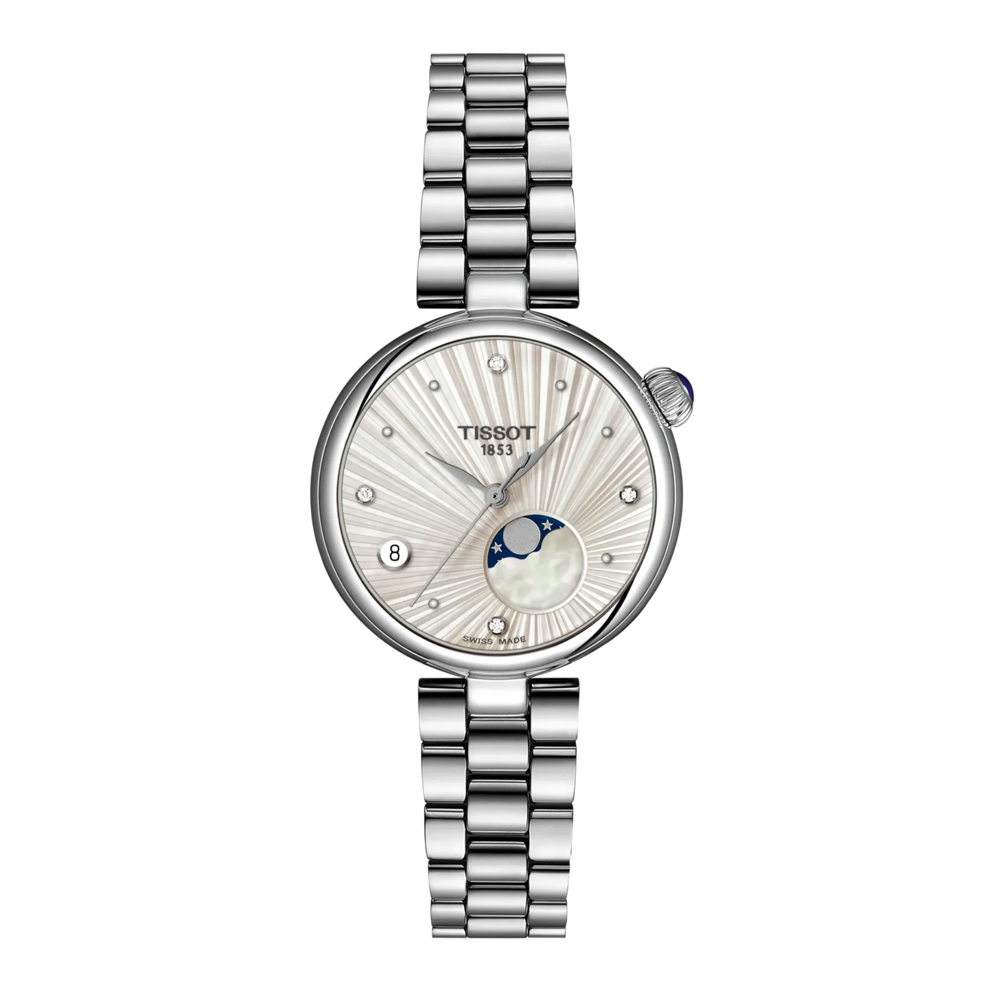 Tissot Desir with steel case and bracelet, and silver moonphase dial on a white background.