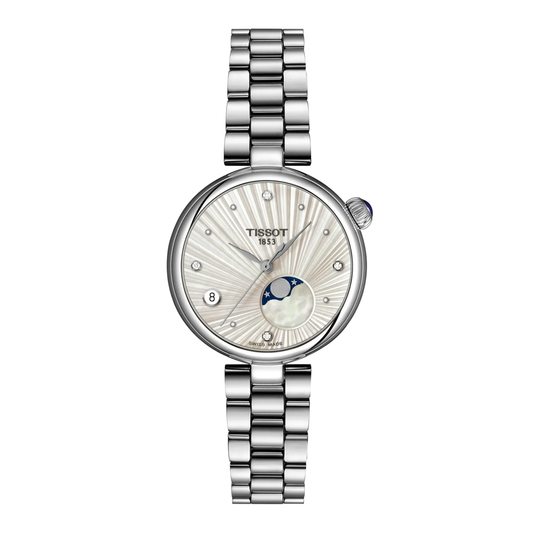Tissot Desir with steel case and bracelet, and silver moonphase dial on a white background.