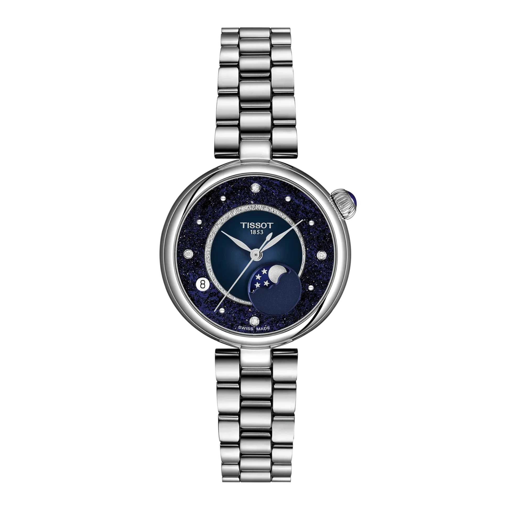 Tissot Desir with steel case and bracelet, and blue moonphase dial on a white background.