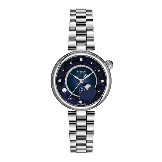 Tissot Desir with steel case and bracelet, and blue moonphase dial on a white background.