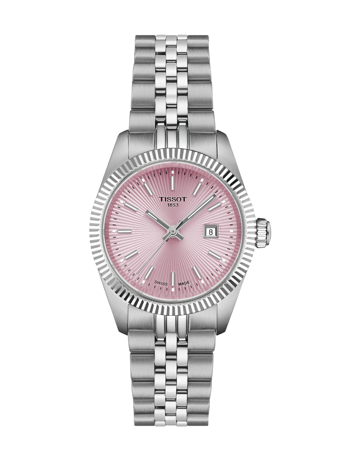 Tissot Ballade with 30mm case, steel bracelet & pink dial on a white background.
