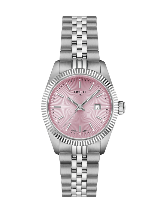 Tissot Ballade with 30mm case, steel bracelet & pink dial on a white background.