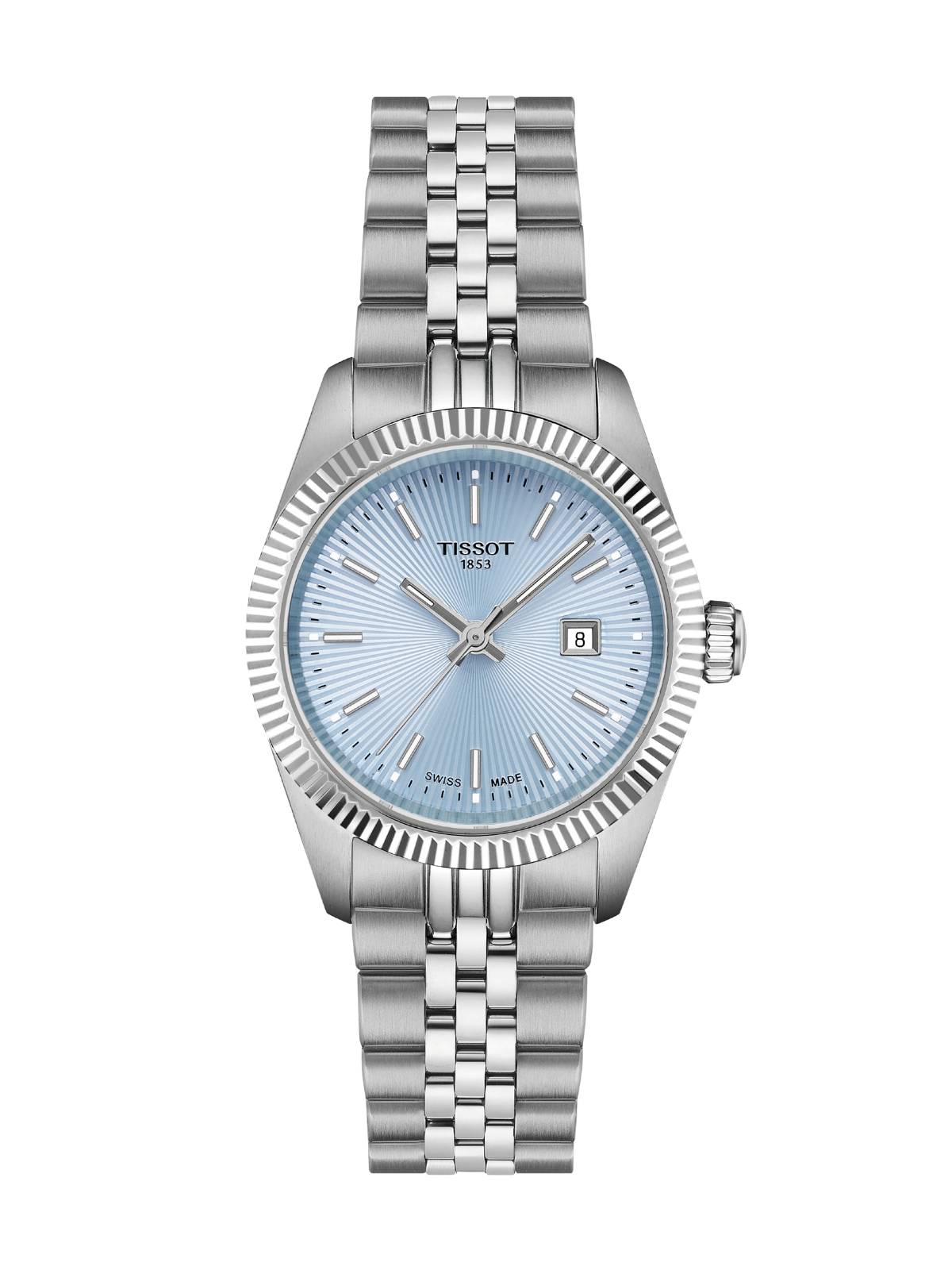 Tissot Ballade with 30mm case, steel bracelet & light blue dial on a white background.