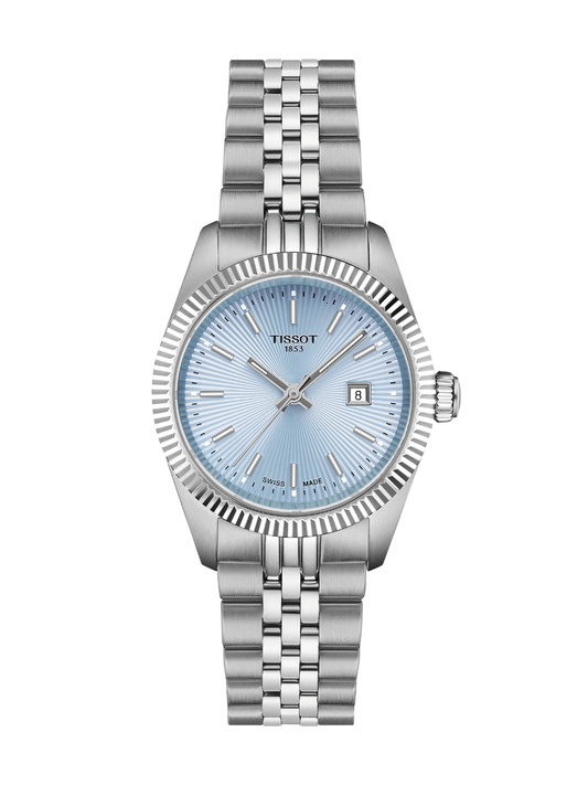 Tissot Ballade with 30mm case, steel bracelet & light blue dial on a white background.