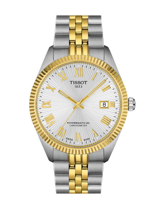 Tissot Ballade watch with a steel and yellow-gold bracelet and silver dial on a white background.