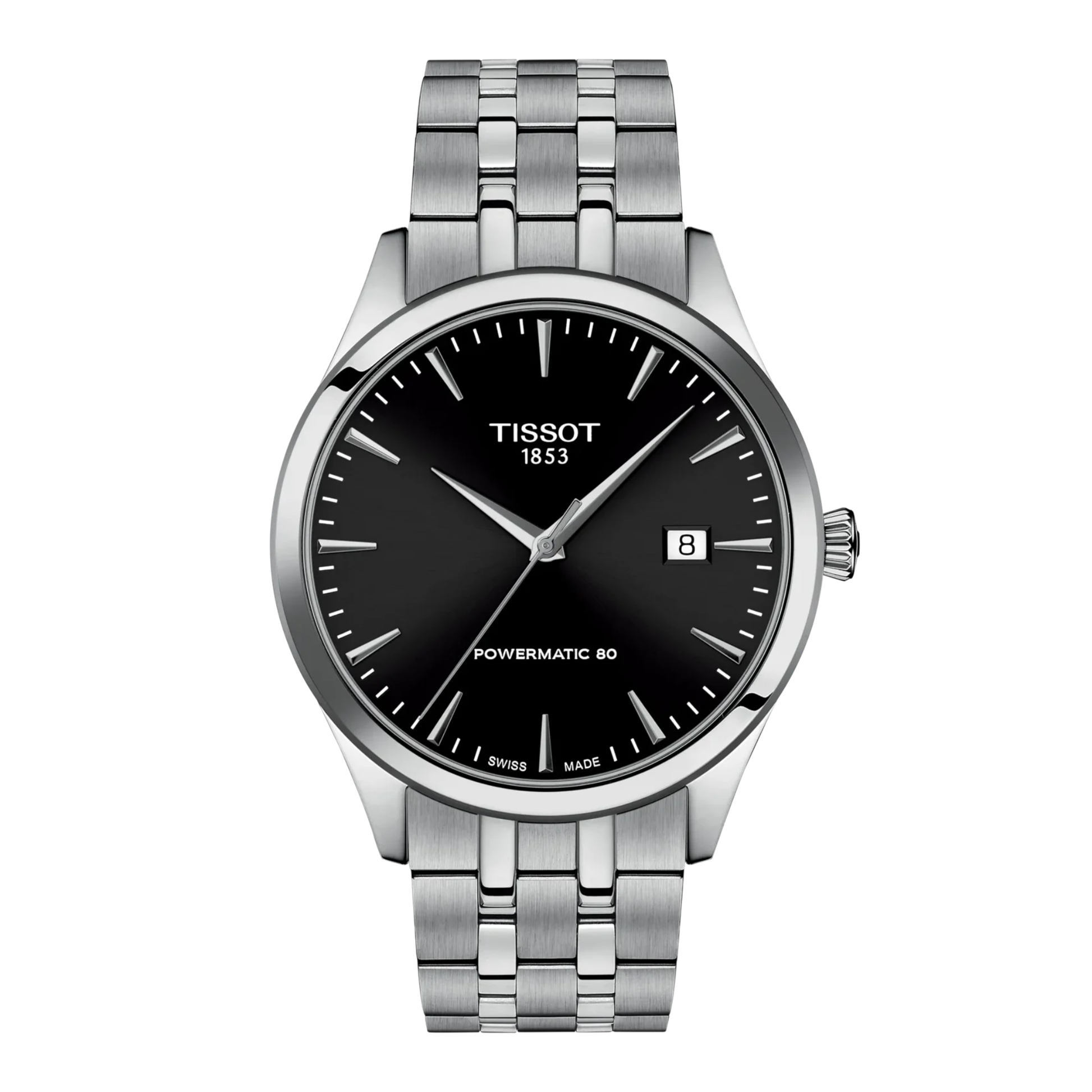 Tissot Classic Dream with steel case, steel bracelet and black dial on a white background.