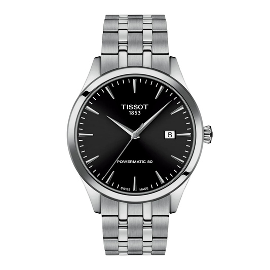 Tissot Classic Dream with steel case, steel bracelet and black dial on a white background.
