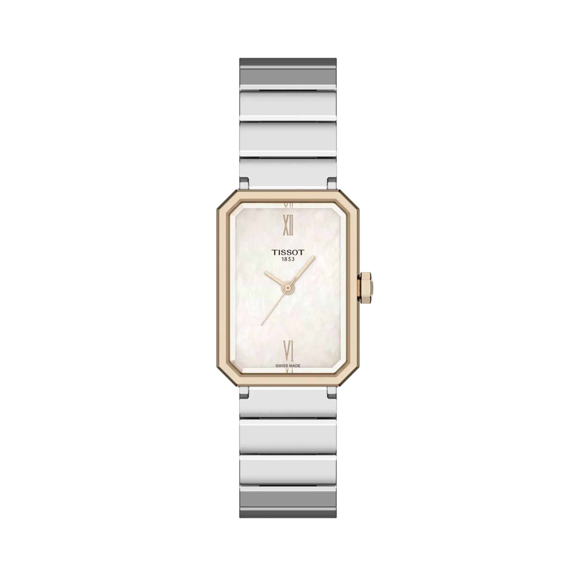 Tissot SRV with steel & rose gold PVD coating, steel bracelet, and white mother of pearl dial on a white background.